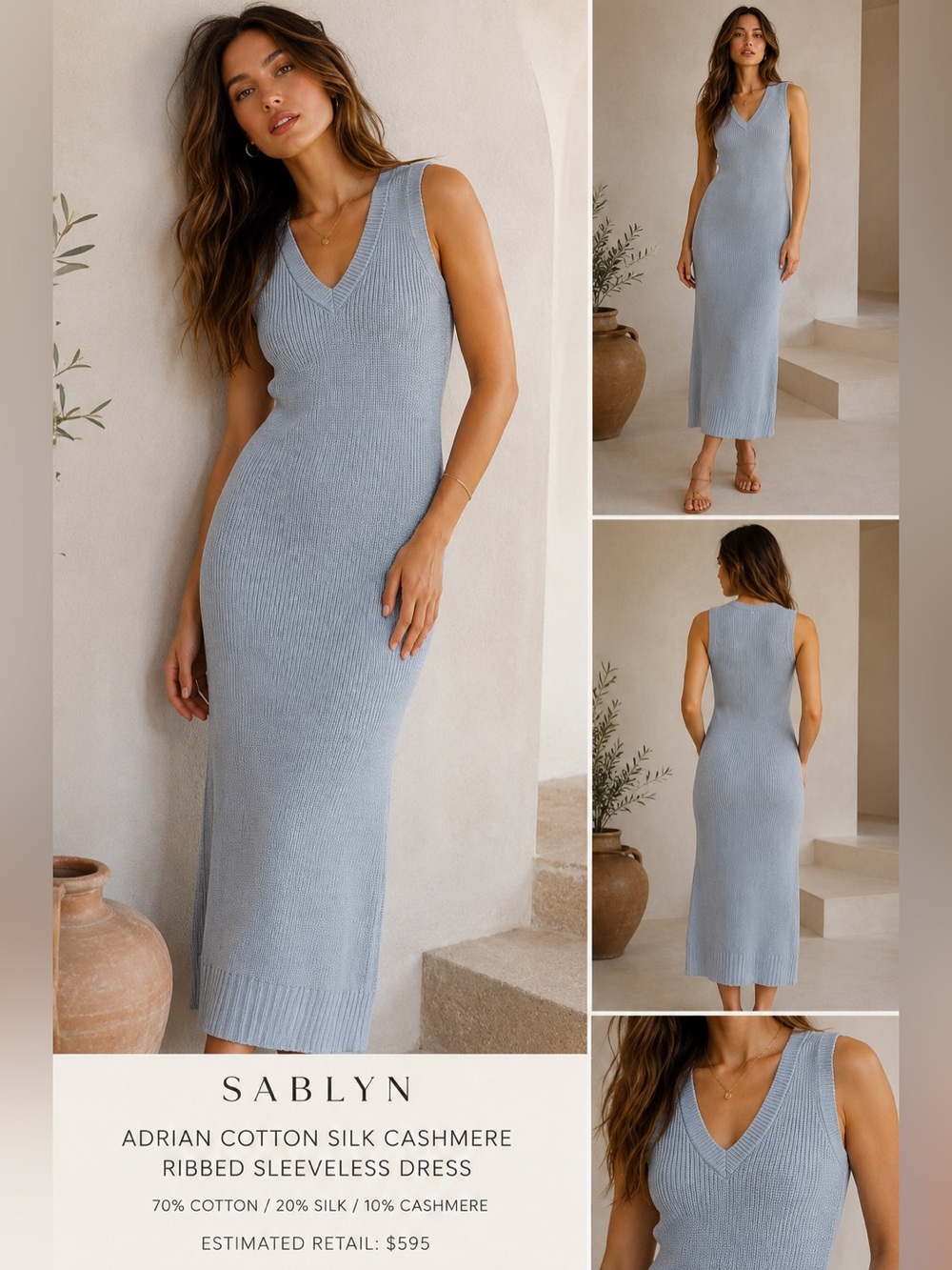 SABLYN Adrian Ribbed Knit Midi Dress Cotton Silk Cashmere M
